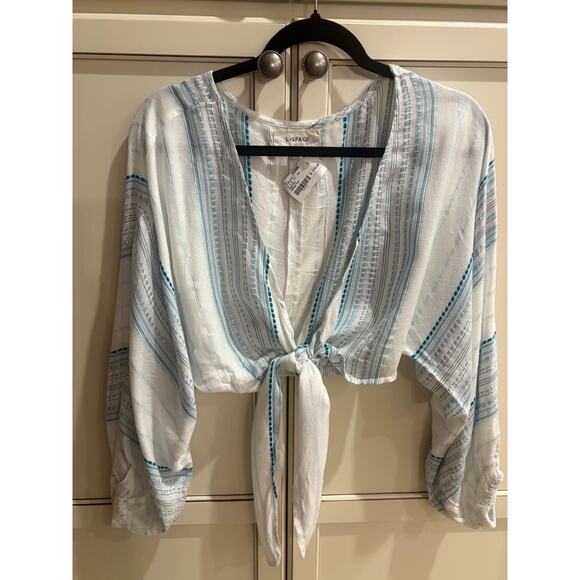 LSPACE White/Blue Tie-Front Balloon Sleeve Crop Top Boho Size Small 2-8 NEW - Picture 3 of 8
